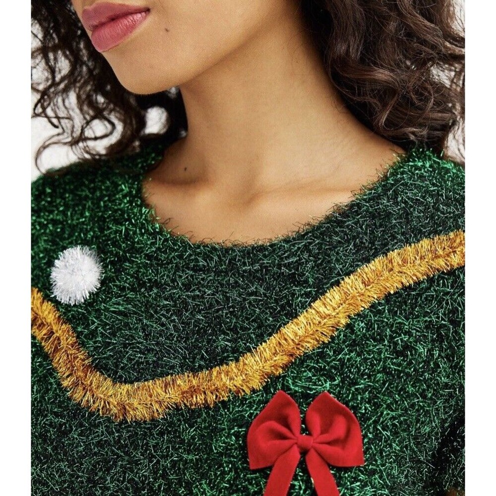 Celebrate Together Junior Dress Size S Green Sparkle Bows PomPom Knit Christmas - Picture 6 of 15